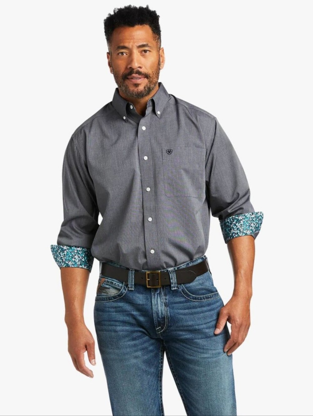 Ariat Men's Grayish-blue Button-Down Shirt with Patterned Cuffs